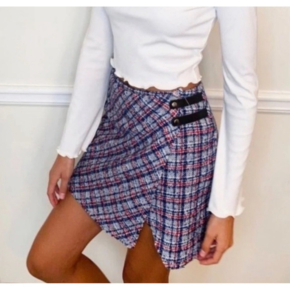 Urban Outfitters Huntley Wool Wrap Blue Red Plaid Mini Skirt Size Medium